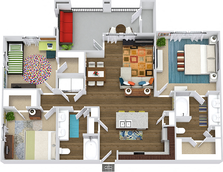Floor plan for 3 beds, 2 baths, 1250 sqft